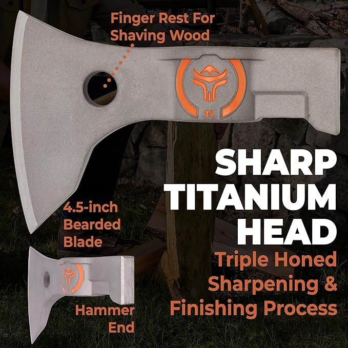 Wrango Tools - Titanium Tomahawk Axe - 45% Lighter Industrial Strength Titanium - Precision Triple-Honed Edge - Slip-Fit Design Includes 18in and 11.5in Hickory Handles - 5% Donated to Help Farmers