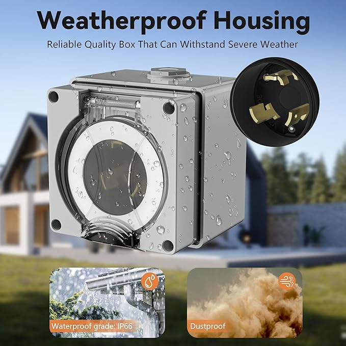 30 Amp Generator Power Inlet Box NEMA L5-30P Power Inlet Box for 3 Prong Generator Cord Welding Machines 125Volt3750Watts IP66 Outdoor Dustproof and Weatherproof Outdoor Use ETL Listed