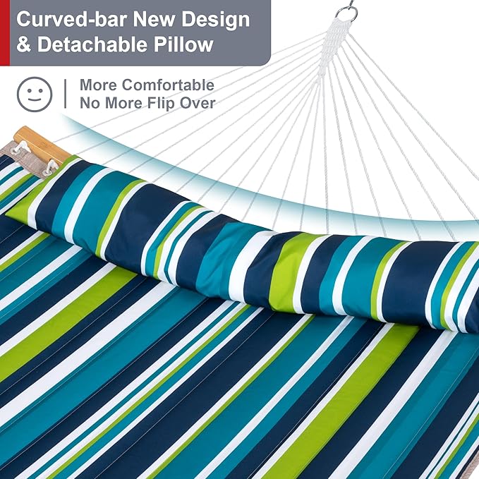 Hammock with Stand for Outside Double Hammock with Stand Pillow and Portable Bag 450 Lbs Capacity Green Blue Stripes