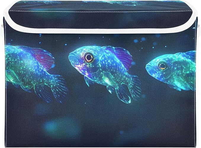 Storage Cube with Lid Glowing Fishes Print 16.5×12.6×11.8 IN Collapsible Large Capacity Foldable Storage Basket Bin Organizer