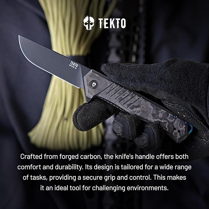 TEKTO KNIVES F1 Alpha Folding Pocket Knife - Modified Straight Back Blade Titanium Coated D2 Steel Ideal for Outdoor Camping &amp BackpackingTactical Forged Carbon Fiber Handle Blue Titanium Acce