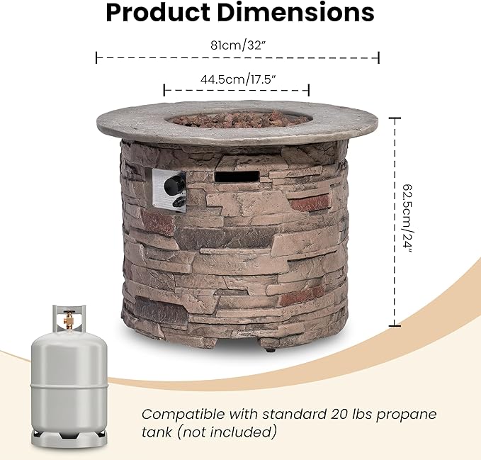 HOMPUS Outdoor Propane Fire Table 32-inch Imitation Stone Concrete with Rain Cover and Lava Rocks - Smokeless 40000 BTU for Patio Garden Deck or Backyard