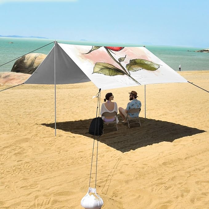 ALAZA Red Rose Flower Ink Beach Tent Sun Shelter UPF50+ Protection Beach Shade Canopy w/ 4 Sandbags for Outdoor Camping Fishing Backyard Fun Picnic 10x9 ft
