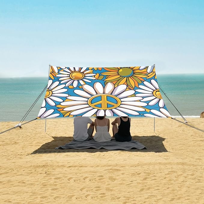 ALAZA Peace Daisy Flower Beach Tent Sun Shelter UPF50+ Protection Beach Shade Canopy w/ 4 Sandbags for Outdoor Camping Fishing Backyard Fun Picnic 10x9 ft