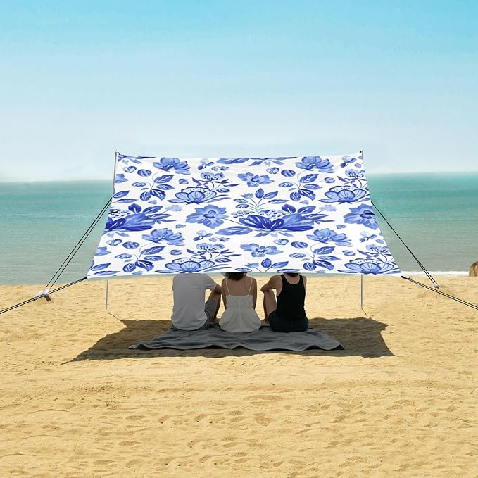 Beach Canopy with Windproof Ropes &amp Sandbags Beach Tent Sun Shade Sun Shelter for Camping Trips Fishing Backyard Fun or Picnics Blue Flowers