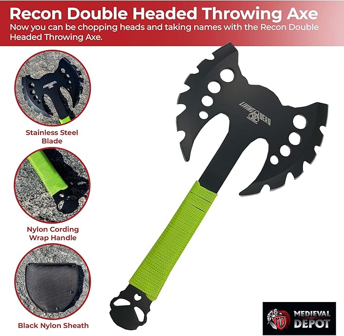 Medieval Depot Recon Double Headed Throwing Axe (Black/Green) - Stainless Steel Nylon Grip Sheath (13.5)