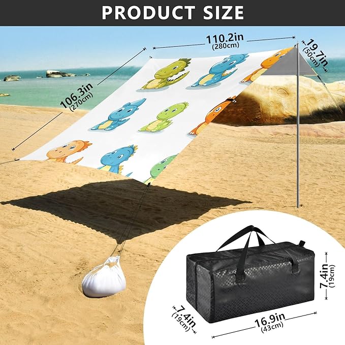 ALAZA Cute Funny Dinosaurs Beach Tent Sun Shelter Portable Canopy Sunshade for Outdoor Camping Picnics Backyard Fun 10x9 ft