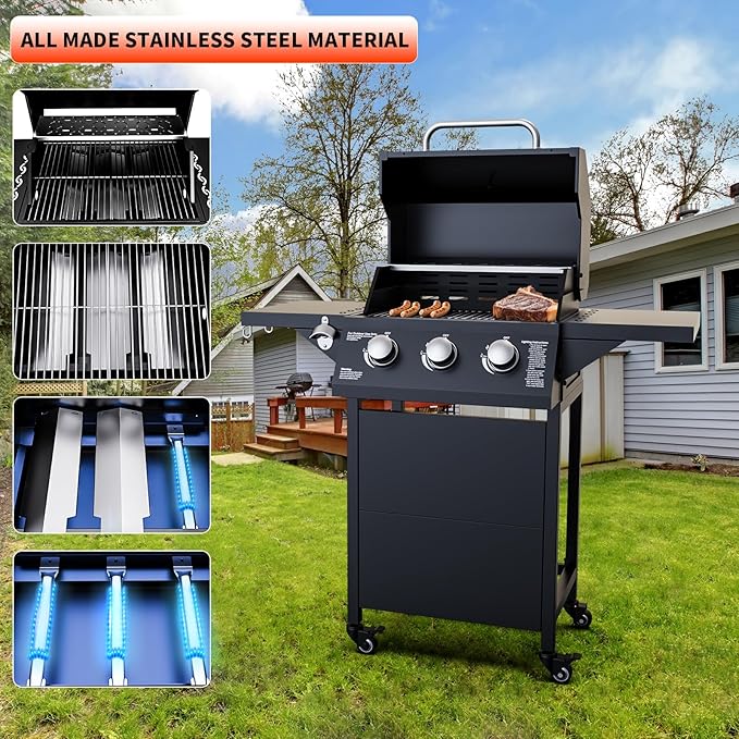 3 Burner Propane Gas Grill 30000 BTU Propane Grill with Two Side Tables Stainless Steel Barbecue Grill Outdoor Cooking BBQ for Patio Camping Backyard