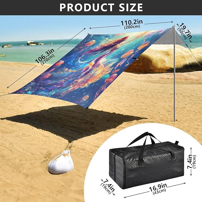 ALAZA Mermaid Jellyfish Beach Tent Sun Shelter UPF50+ Protection Beach Shade Canopy w/ 4 Sandbags for Outdoor Camping Fishing Backyard Fun Picnic 10x9 ft