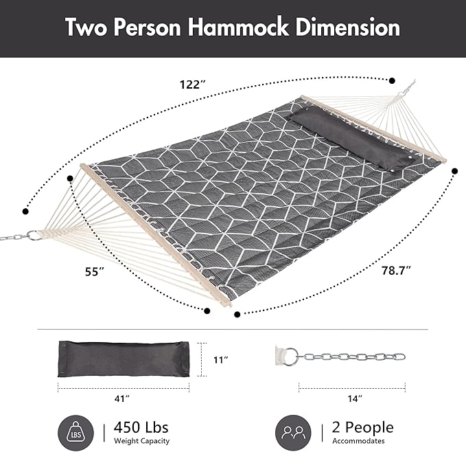 ANOW Outdoor Hammock with Spreader Bars and Detachable Pillow 2 Person Hammock 450 LBS Weight Capacity Gray Cube