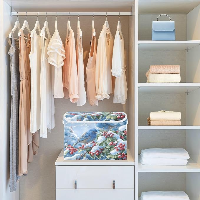 senya Winter Baskets Collapsible Storage Bins with Lids Blue Bird Evergreen Branch Storage Boxes Clothes Baskets for Organizing