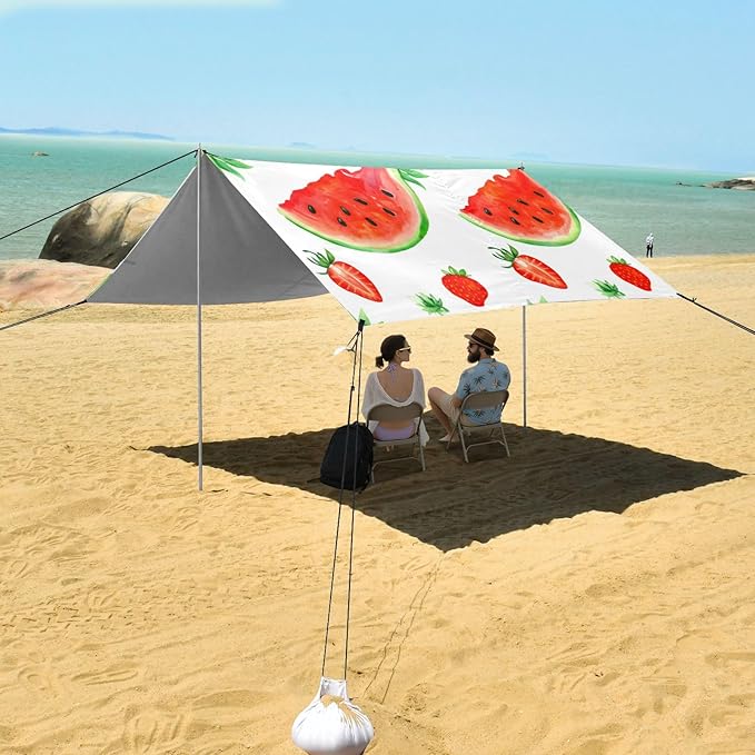 xigua Watermelon Beach Tent Sun Shelter with Carrying Bag - Silver Coated Oxford Fabric Beach Canopy for Beach Camping Fishing - Includes Windproof Ropes Sandbags &amp Stakes