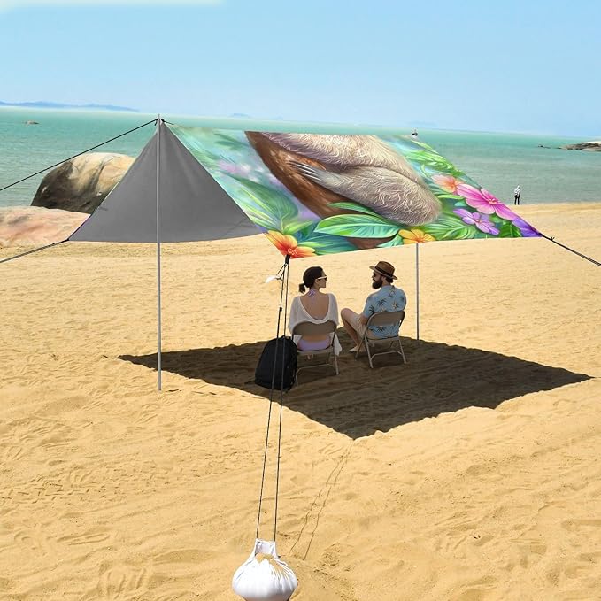 ALAZA Cute Sloth Animal Beach Tent Sun Shelter UPF50+ Protection Beach Shade Canopy w/ 4 Sandbags for Outdoor Camping Fishing Backyard Fun Picnic 10x9 ft