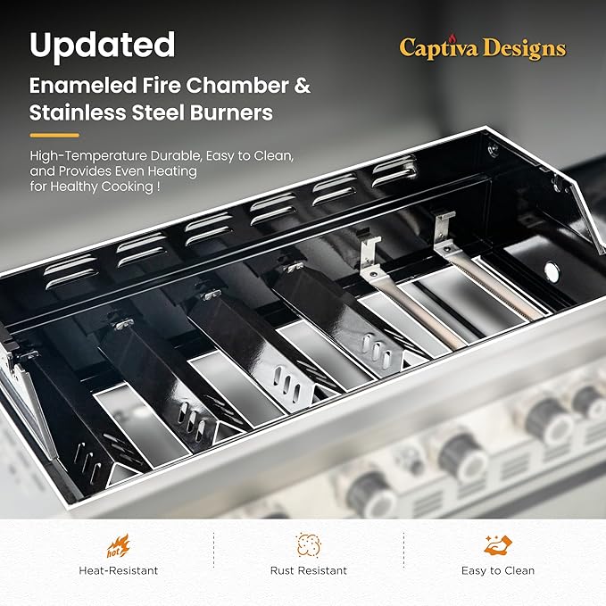 Captiva Designs 6-Burner Propane Gas BBQ Grill with Side Burner &amp Porcelain-Enameled Cast Iron Grate and Plate for Outdoor Barbucue Events 52000 BTU Output740 SQ.IN. Cooking AreaHeavy Duty
