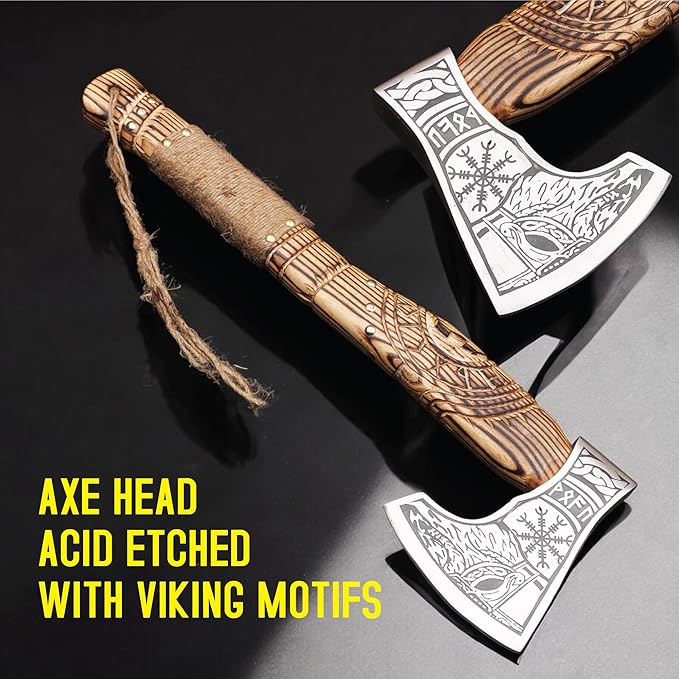 20 Handmade Carbon Steel Viking Axe with Hand Craved Ash Wood Shaft Viking Camping Axe &amp Hatchet. Beautiful Gift for Father Brother and for Him or Her (Medieval Axe)