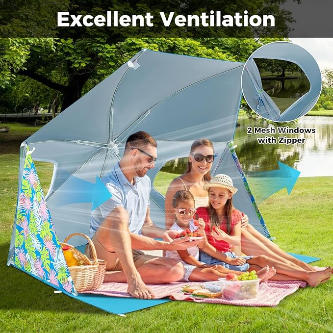 Tangkula Beach Tent for 2-4 People 2-in-1 Beach Tent Sun Shelter with Extendable Floor Roll-Up Windows UPF50+ Easy Setup Beach Umbrella for Shade Pool Backyard Camping
