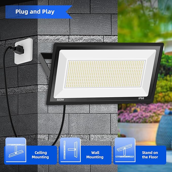 2 Pack 800W LED Flood Light OutdoorSuper Bright FloodLight with Plug80000LM 5000K Daylight White IP66 Waterproof Commercial Lighting for Sports FieldsCountsArenaStadium