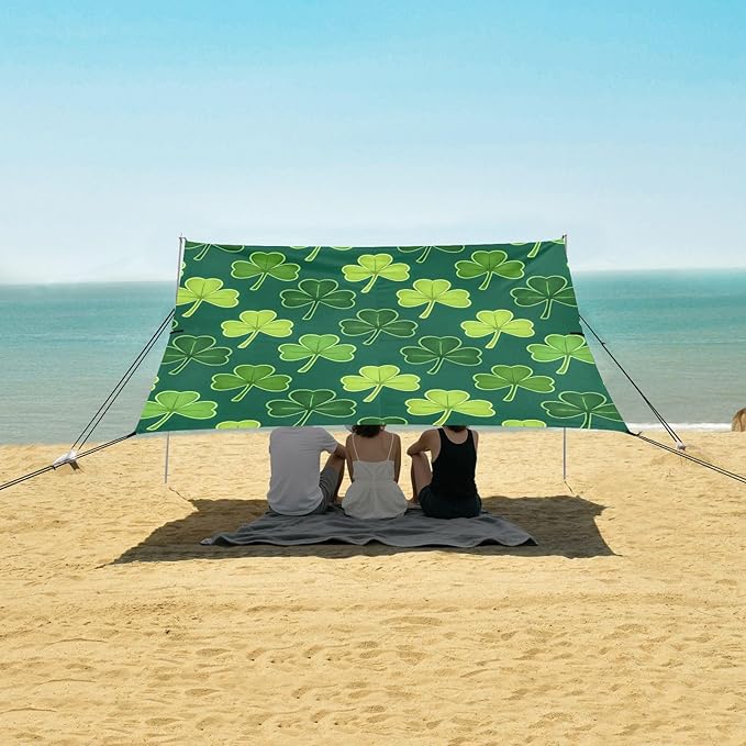 Beach Canopy with Windproof Ropes &amp Sandbags Beach Tent Sun Shade Sun Shelter for Camping Trips Fishing Backyard Fun or Picnics St. Patrick's Day Clover