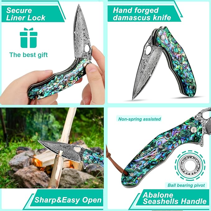 Benkey Damascus Pocket Knife Sharp VG10 Core Damascus Steel Folding Knives with True Abalone Shells Handle Leather Sheath Ball Bearing Liner Lock Lightweight Damascus Knife for EDC Men Women