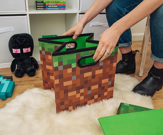 Minecraft Grassy Block 13-Inch Storage Bin Chest with Lid | Foldable Fabric Basket Container Cube Organizer with Handles Cubby for Shelves Closet | Home Decor Essentials Video Game Gifts
