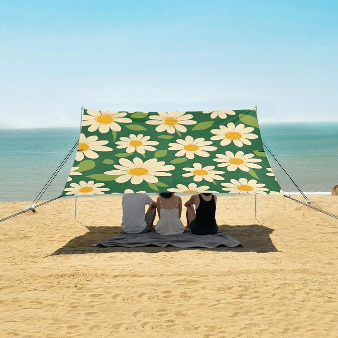 ALAZA 70s Vintage Daisy Floral Beach Tent Sun Shelter Portable Canopy Sunshade for Outdoor Camping Picnics Backyard Fun 10x9 ft