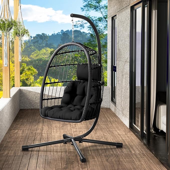 LEVELEVE Egg Chair with StandPatio Rattan Wicker Hanging Swing Egg Chair Hammock Chair for Bedroom Porch GardenThickened Aluminum Alloy Steel Frame and UV Resistant Cushion350LBS Capacity