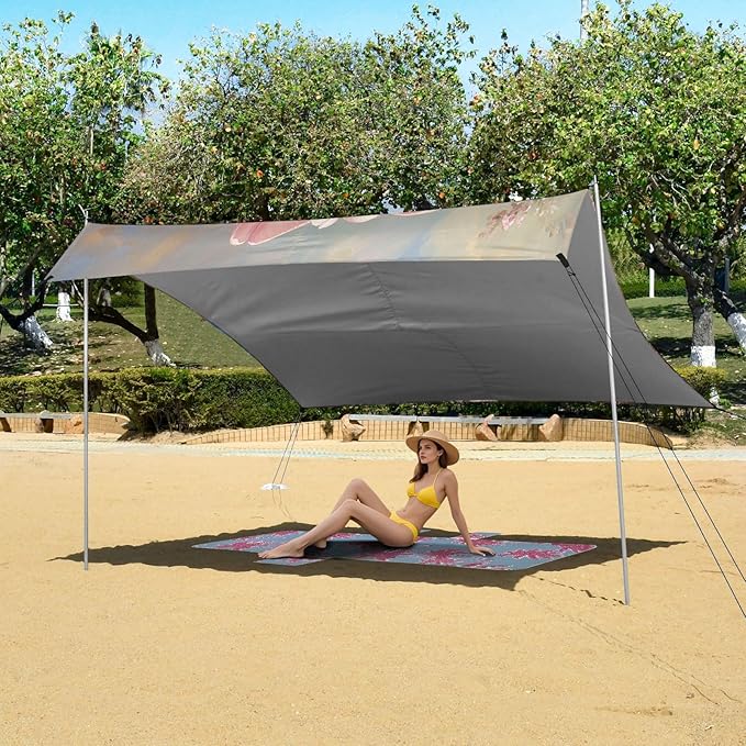 ALAZA Pink Tulip Flowers Blue Butterflies Beach Tent Sun Shelter Portable Canopy Sunshade for Outdoor Camping Picnics Backyard Fun 10x9 ft