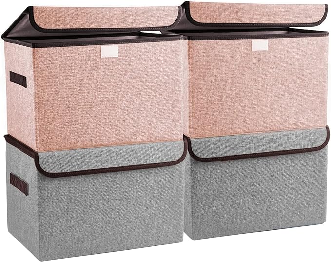 Bagnizer Linen Fabric Foldable Storage Cube Bin Organizer Basket with Flip-Top Lid &amp Handles Large Clothes Blanket Box for Home Office Closet Gray &amp Pink 4 Pack 14.6 x 9.5 x 9.5”