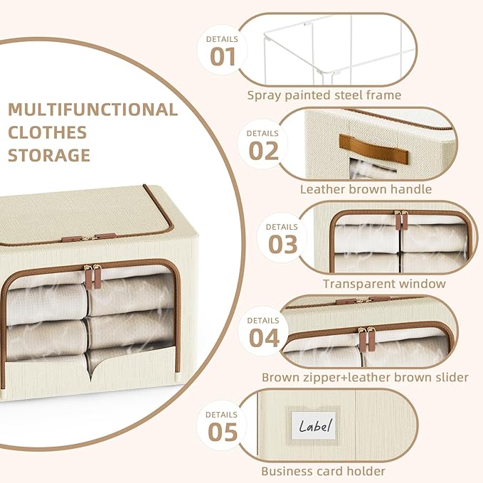 FHSQX 6 Pack Clothes Storage Bins - Foldable Storage Bins for Clothes Fabric Storage Box with Metal Frame (Beige 19.7x15.7x13.8 inch)