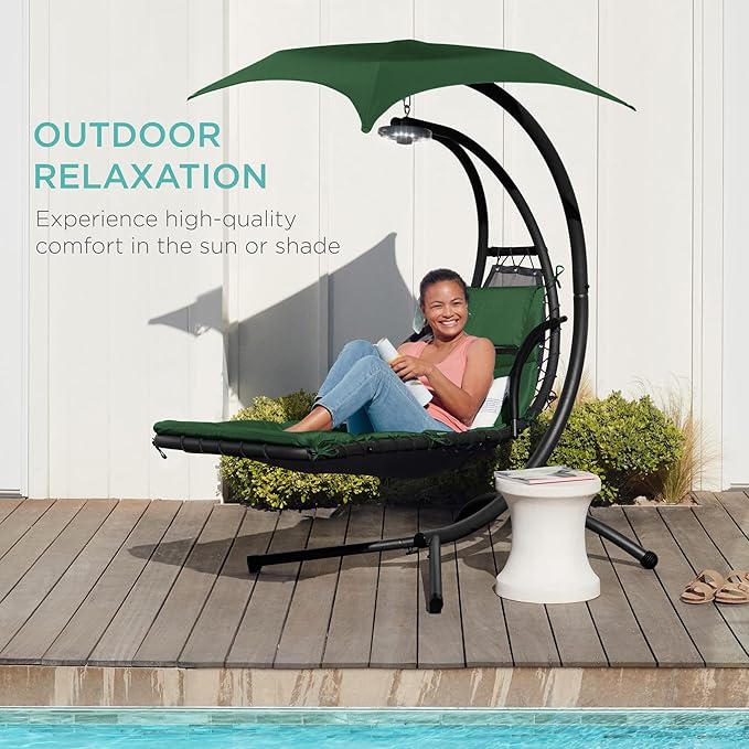 Best Choice Products Hanging LED-Lit Curved Chaise Lounge Chair Swing for Backyard Patio Lawn w/ 3 Light Settings Weather-Resistant Pillow Removable Canopy Shade Steel Stand - Green