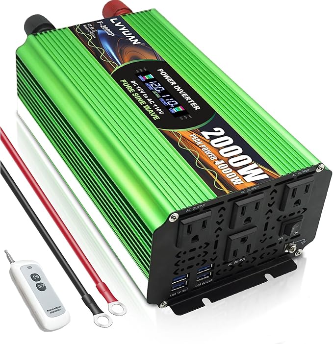 2000 Watt Pure Sine Wave Inverter DC 12V to 120V AC Power Inverter for Vehicle RV Truck Off-Grid Car Power Inverter with 4 AC Outlet 5V/3.1A USB Remote Control Surge 4000W