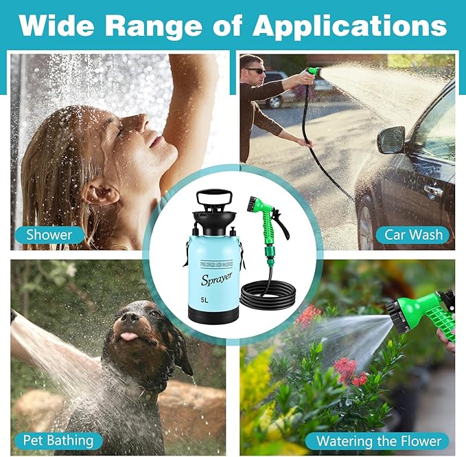 Vevitts Portable Pressure Sprayer Shower 5L for Camping with 7 Spray Modes Hand Press Camping Shower with Hose and Shower Head Hiking Traveling Shower Garden Sprayer Pet Shower Blue