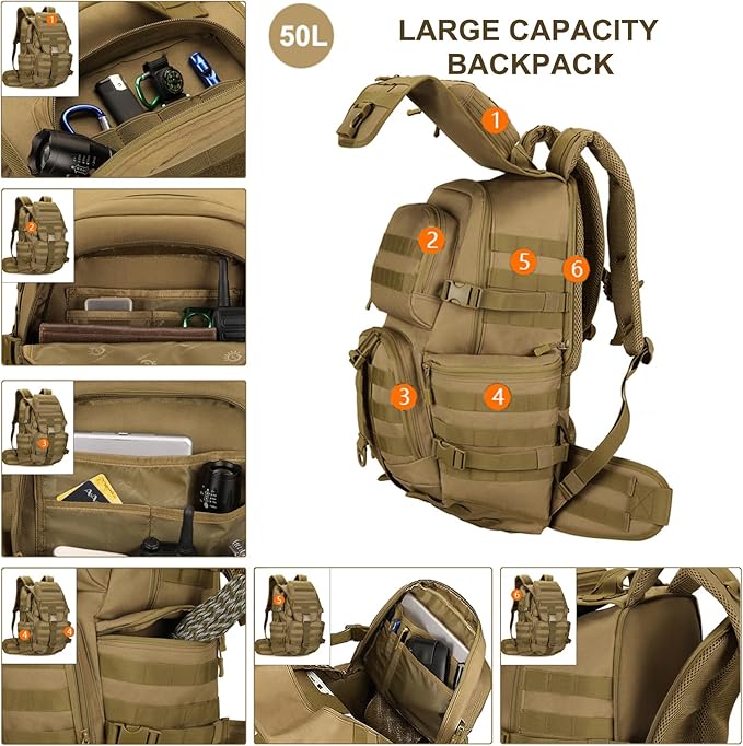 50L Military Tactical Backpack Molle Rucksack Large Army 3 Day Assault Pack Heavy Duty Backpack for Men (Brown)