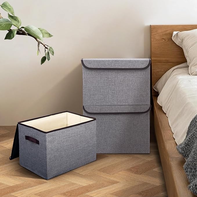 Bagnizer Linen Fabric Foldable Storage Cube Bin Organizer Basket with Flip-Top Lid &amp Handles Large Clothes Blanket Box for Home Office Closet Light Gray 4 Pack 14.6 x 9.5 x 9.5”