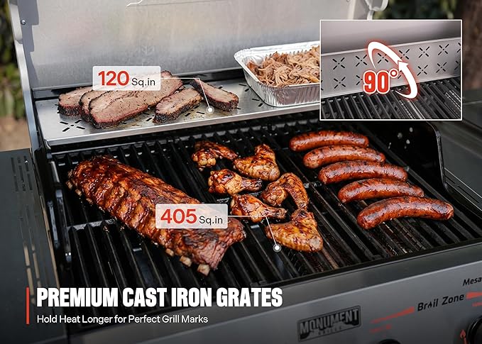 Monument Grills 4+1 Burner Stainless Steel 525 sq.in Propane Gas Grill 49000 BTU 500°F in 5 Mins Outdoor Mesa 2 Grill with Broil Zone 1 Side Burner and 1 Foldable Side Shelf with 8 Tool Hooks