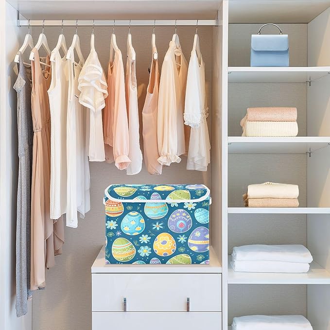 Christmas Storage Baskets with Lids Blue Eggs Collapsible Bins Stackable Fabric Linen Baskets Closet Organizer Container 16.5x12.6x11.8