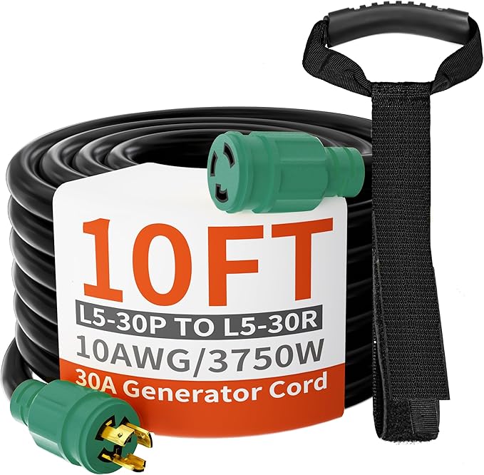 HUANCHAIN 3 Prong 30 Amp Generator Cord 10 Feet Heavy DutyNEMA L5-30P/L5-30R 10 Gauge 125V SJTW Green Lock Generator Extension Cord Waterproof ETL Listed