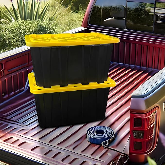 BLACK &amp YELLOW 27-Gallon Storage Bin with Snap-on Lid Heavy Duty Plastic Storage Bins with Lid Stackable 4 Pack