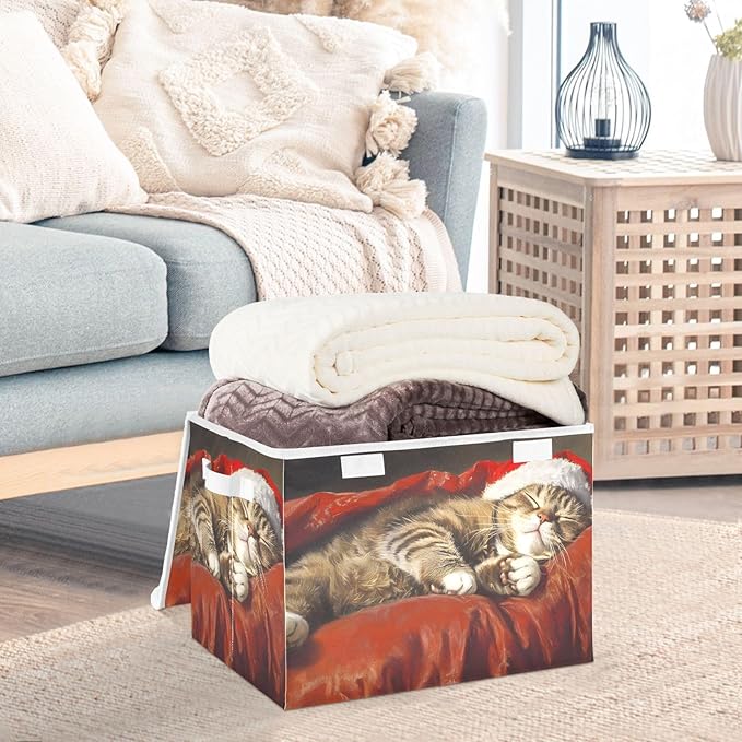 Storage Cube with Lid Sleeping Christmas Cat Print 16.5×12.6×11.8 IN Collapsible Large Capacity Foldable Storage Basket Bin Organizer