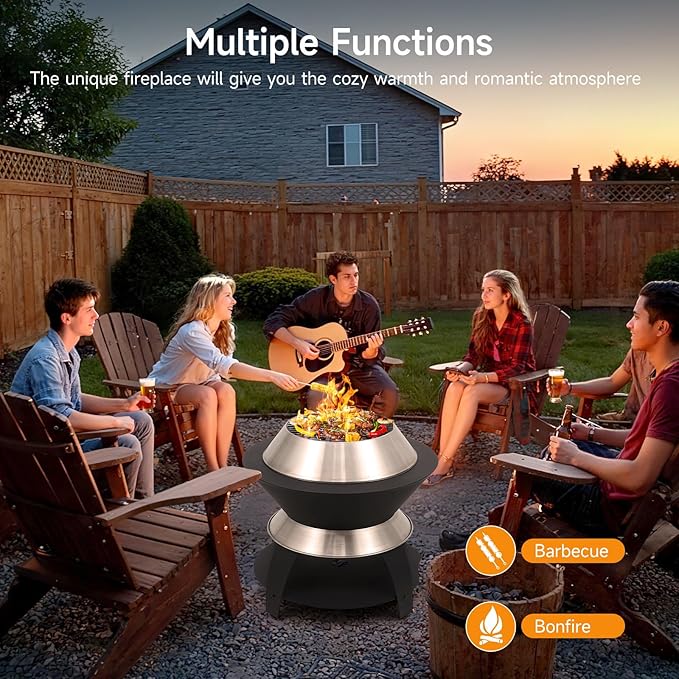 ONBRILL 26 Inch Smokeless Firepit Outdoor Fire Pit with Waterproof Lid Removable Ash Pan Handbag 2 in 1 Stainless Steel Potable Fire Pits for Outside Wood Burning Bonfire Camping Picnic Black