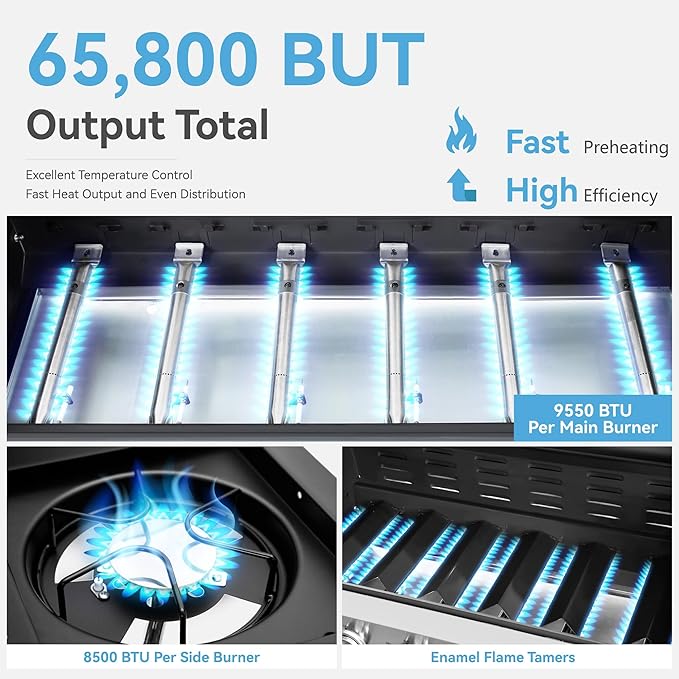 6 Burner Propane Gas BBQ Grill with Side Burner &amp Porcelain-Enameled Cast Iron Grate 65800 BTUs Barbecue Grill 665 Sq. In. Grilling Area Outdoor Propane Grill for Camping Patio Backyard Cooking