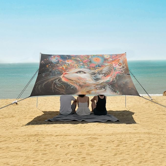 ALAZA Cat Kitten Art Beach Tent Sun Shelter UPF50+ Protection Beach Shade Canopy w/ 4 Sandbags for Outdoor Camping Fishing Backyard Fun Picnic 10x9 ft