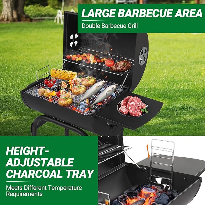 Outvita Barrel Charcoal Grill with Warming Rack Outdoor BBQ Grill with Side Table with Nearly 268 Sq.In. Cooking Grid Area for Backyard Patio Picnic Parties Camping Black