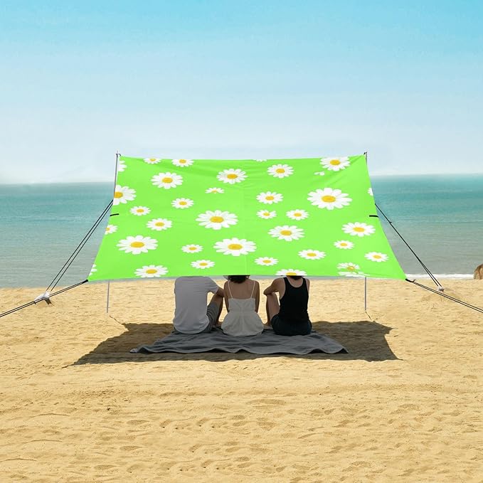 Beach Canopy with Windproof Ropes &amp Sandbags Beach Tent Sun Shade Sun Shelter for Camping Trips Fishing Backyard Fun or Picnics Daisy