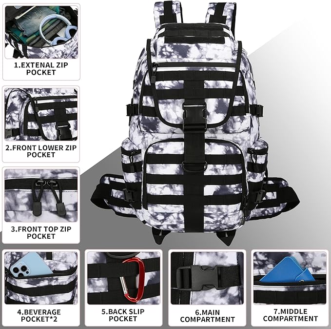 Military Tactical Backpack Waterproof Outdoor Hunting Backpack Large Capacity Hunting Day Pack (BlackWhite)