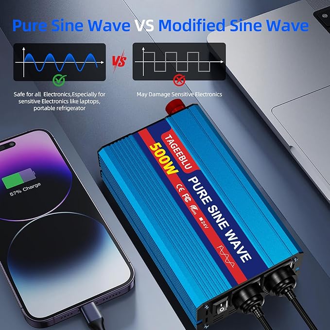 500W Pure Sine Wave Power Inverter DC 24V to 110V AC Converter with LCD Display Battery Clamps &amp Cigarette Lighter Plug Car Inverter with Dual AC Outlets for Vehicles RV Truck Camping Laptop CPA