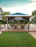 12' x 12' Outdoor Gazebo Heavy Duty Double Roof Patio Gazebo with Netting and Curtains Outdoor Patio Canopy for Deck Backyard Garden Lawns Blue &amp Gray