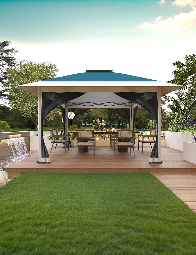 12' x 12' Outdoor Gazebo Heavy Duty Double Roof Patio Gazebo with Netting and Curtains Outdoor Patio Canopy for Deck Backyard Garden Lawns Blue &amp Gray