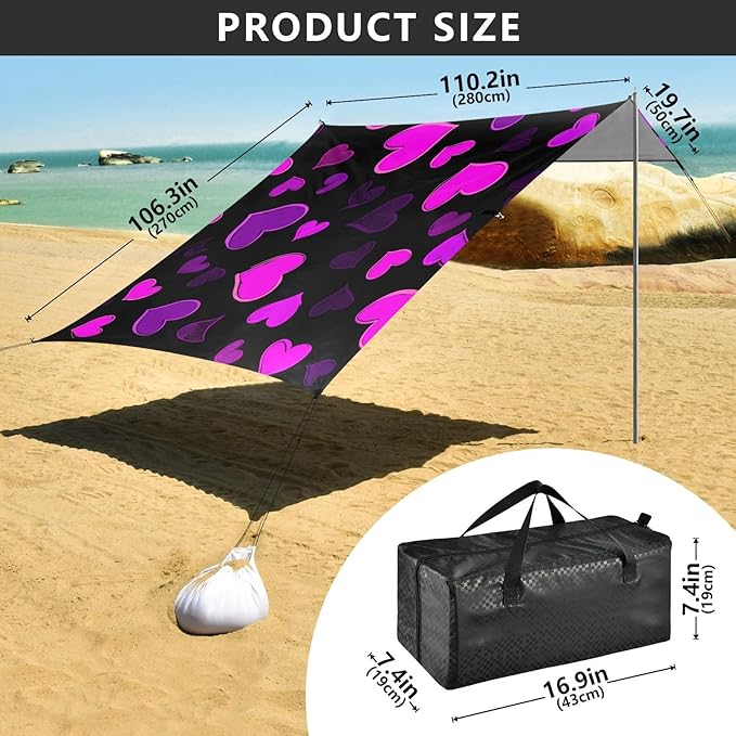 Beach Canopy with Windproof Ropes &amp Sandbags Beach Tent Sun Shade Sun Shelter for Camping Trips Fishing Backyard Fun or Picnics Heart