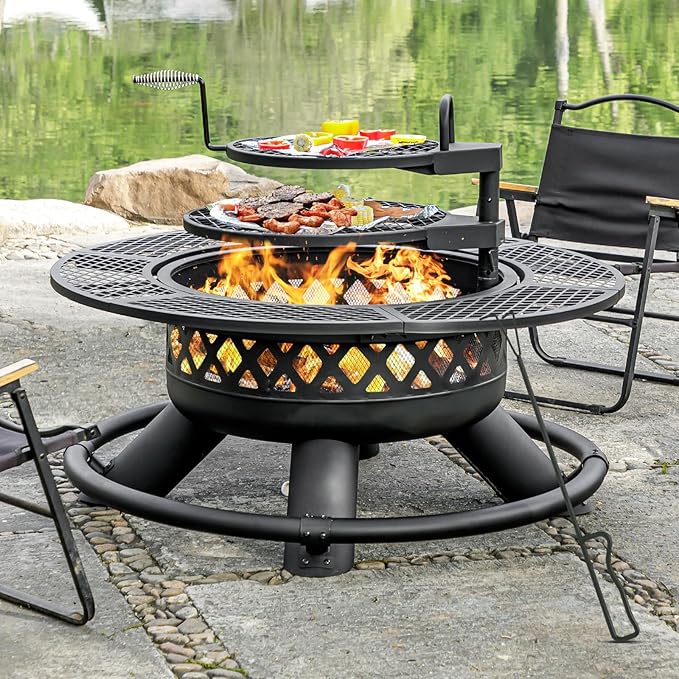 Panovue 47 Inch Outdoor Wood Burning Fire Pit with 2 GrillsExtra Large 3-in-1 Fire Pit with Metal Lid &amp Fire Poker Heavy Duty BBQ Firepits for Outside Backyard Bonfire Patio &amp Party (47''